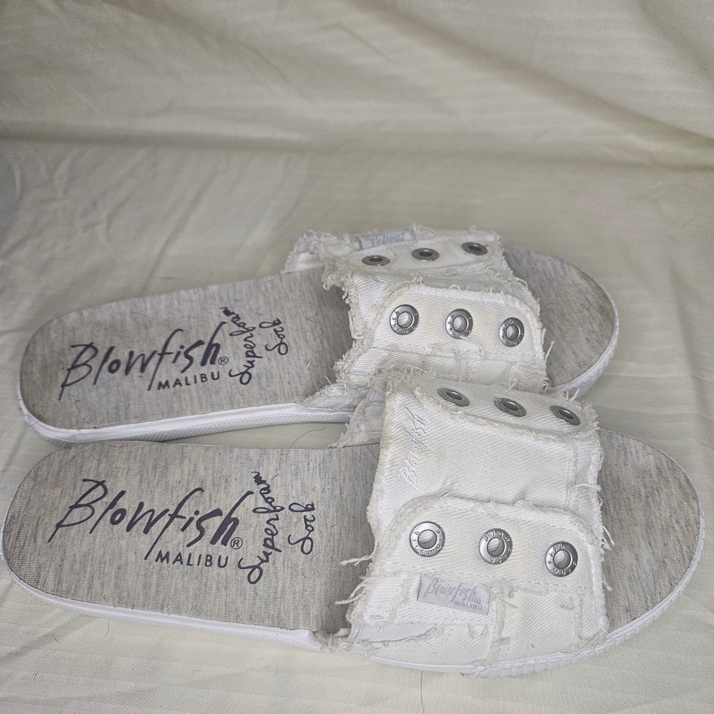Blowfish Malibu Superfoam White Canvas Frayed Grommet Slide Sandals Womens Sz 10